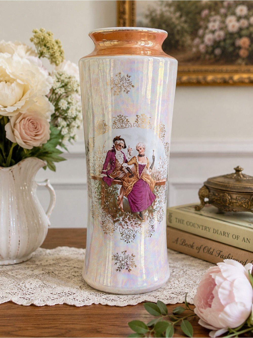 Vintage Japan Lustreware Vase Iridescent Victorian Scene 12”
